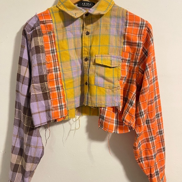 AKIRA Yellow & Lavender Plaid Cropped Button-Up - Picture 2 of 4
